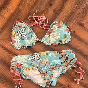 Turquoise Floral Ruffle Bikini Set